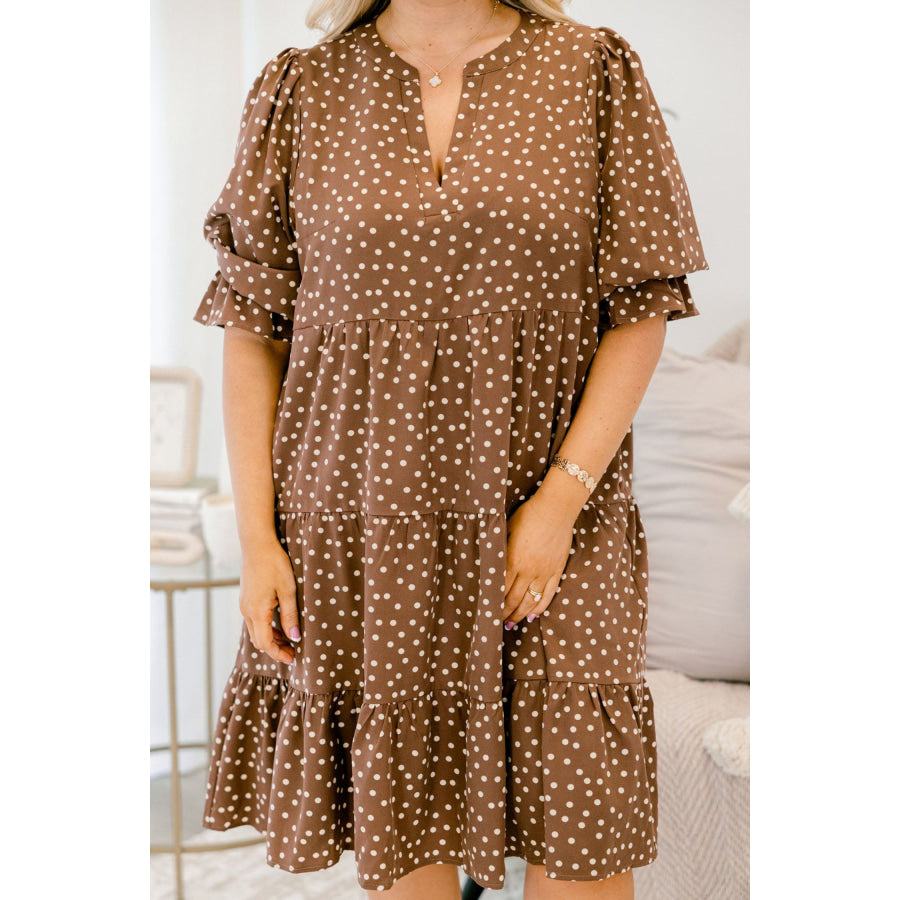 Brown V Neck Polka Dot Long Sleeve Shift Plus Size Dress Plus Size/Plus Size Dresses/Plus Size Mini Dresses