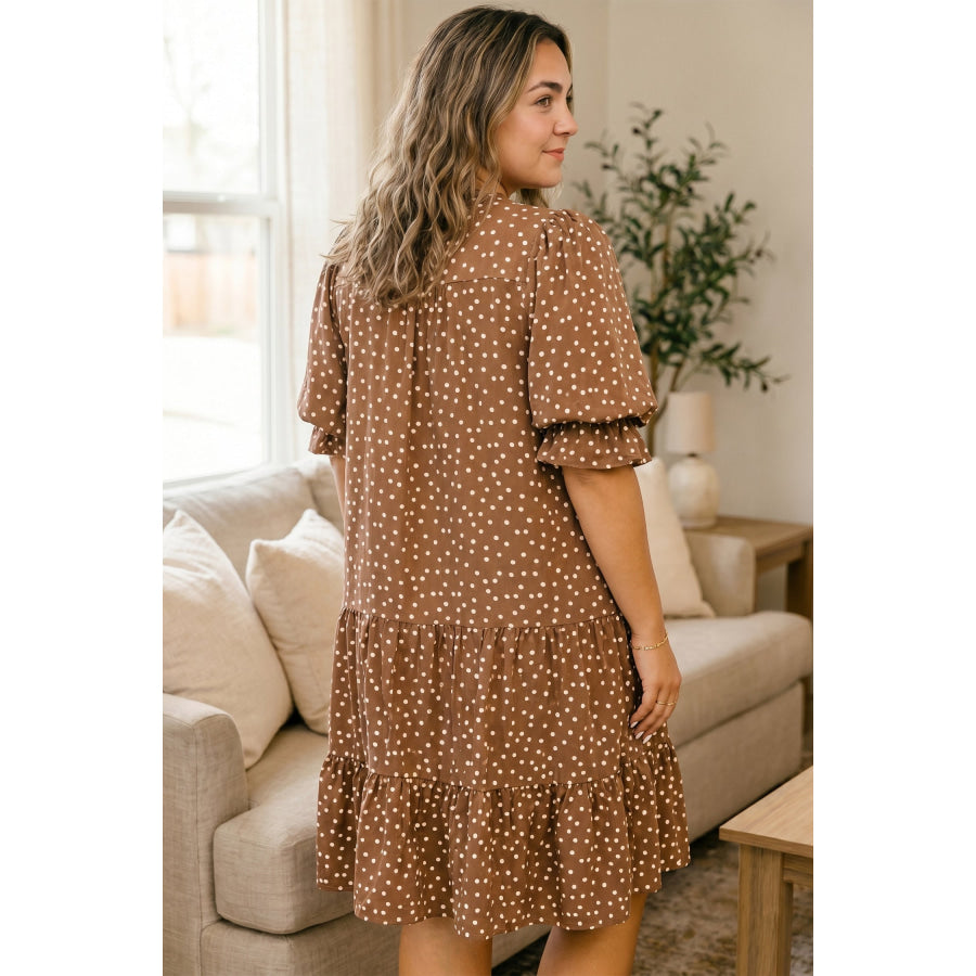 Brown V Neck Polka Dot Long Sleeve Shift Plus Size Dress Plus Size/Plus Size Dresses/Plus Size Mini Dresses