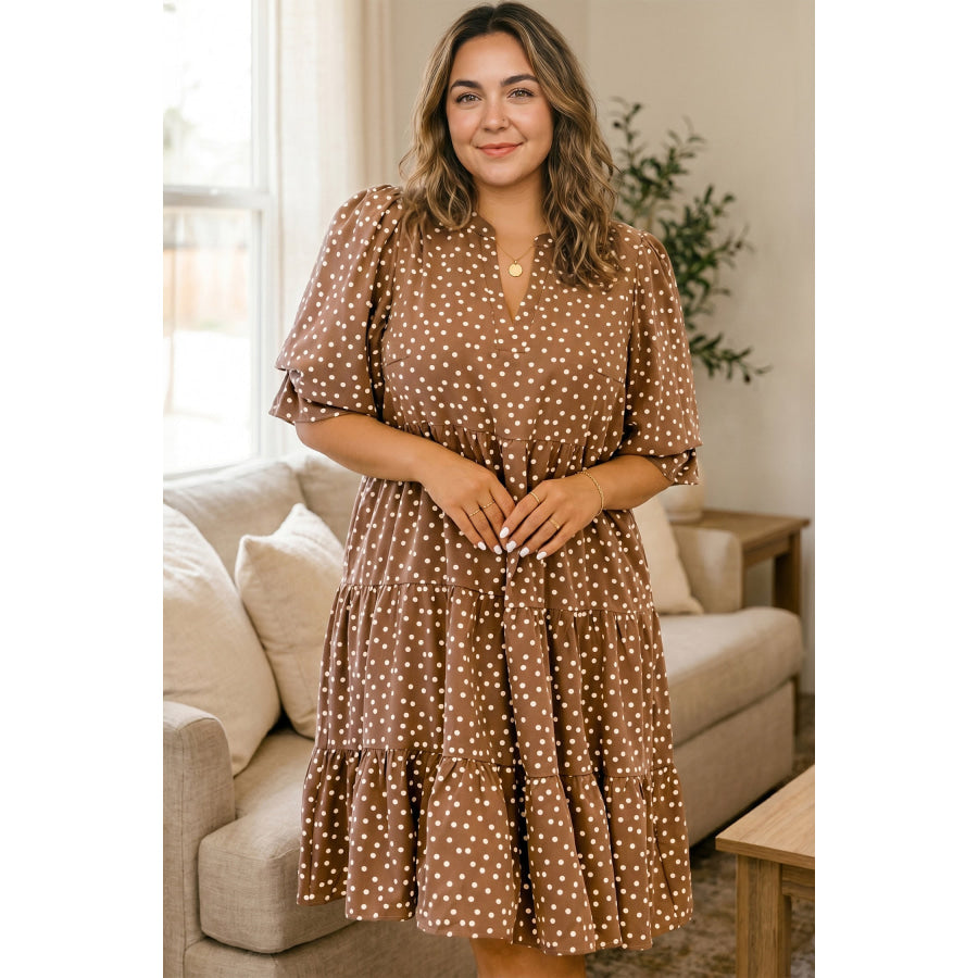 Brown V Neck Polka Dot Long Sleeve Shift Plus Size Dress Plus Size/Plus Size Dresses/Plus Size Mini Dresses