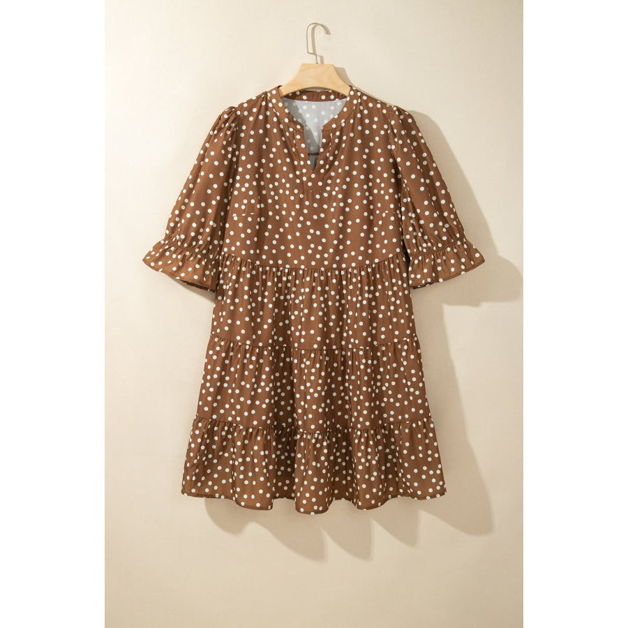 Brown V Neck Polka Dot Long Sleeve Shift Plus Size Dress Plus Size/Plus Size Dresses/Plus Size Mini Dresses
