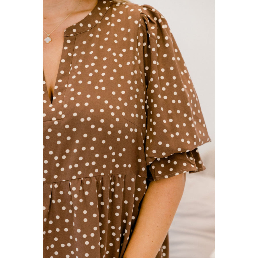 Brown V Neck Polka Dot Long Sleeve Shift Plus Size Dress Plus Size/Plus Size Dresses/Plus Size Mini Dresses