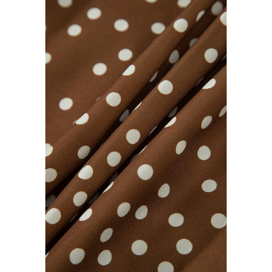 Brown V Neck Polka Dot Long Sleeve Shift Plus Size Dress Plus Size/Plus Size Dresses/Plus Size Mini Dresses