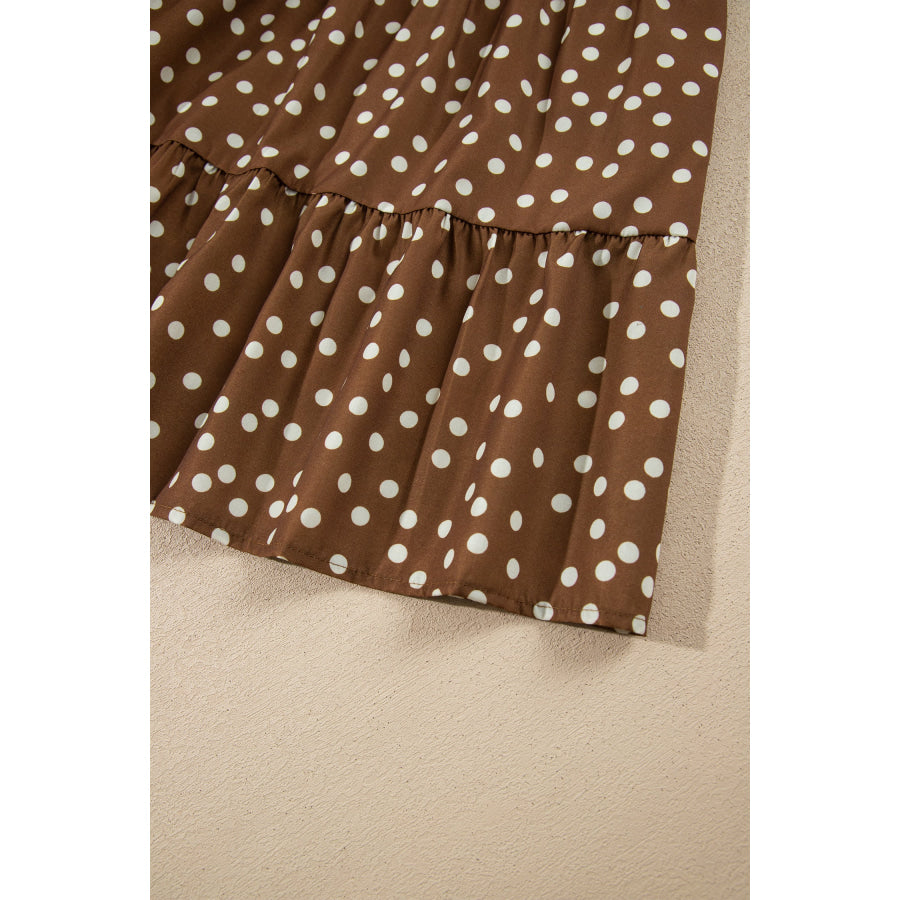 Brown V Neck Polka Dot Long Sleeve Shift Plus Size Dress Plus Size/Plus Size Dresses/Plus Size Mini Dresses