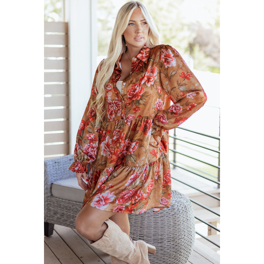 Brown Vintage Floral Print Shirt Style Half Button Long Sleeve Ruffle Mini Dress Dresses/Floral Dresses