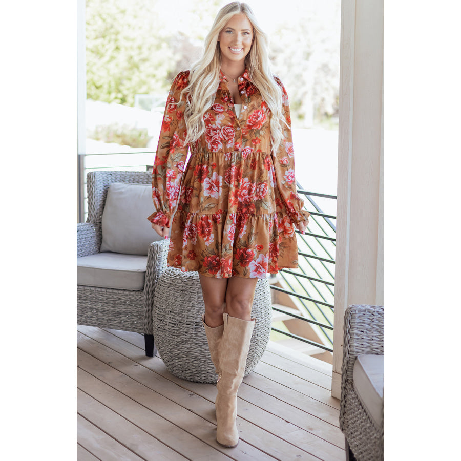 Brown Vintage Floral Print Shirt Style Half Button Long Sleeve Ruffle Mini Dress Dresses/Floral Dresses