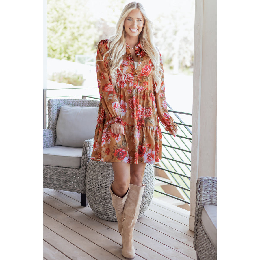 Brown Vintage Floral Print Shirt Style Half Button Long Sleeve Ruffle Mini Dress Dresses/Floral Dresses