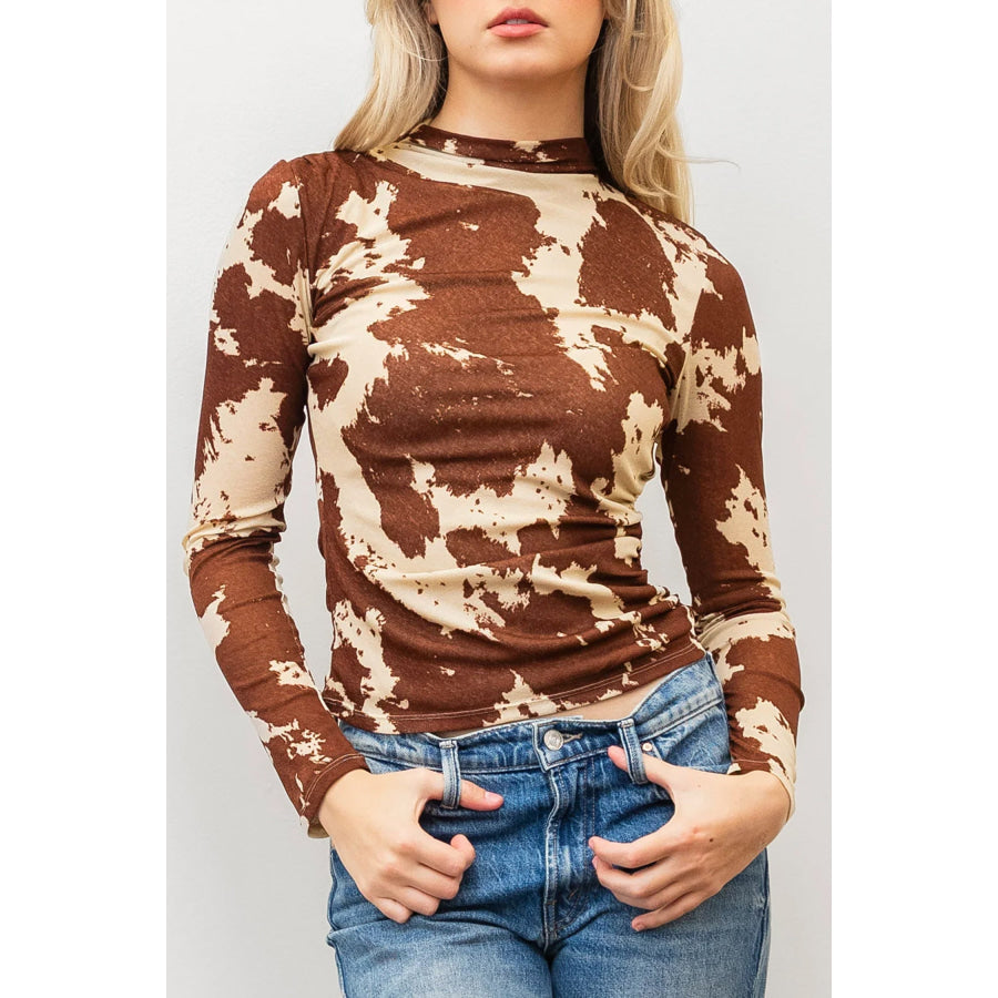 Brown Western Cow Spots Printed High Neck Sheath Long Sleeve Top Brown / S Tops/Long Sleeve Tops