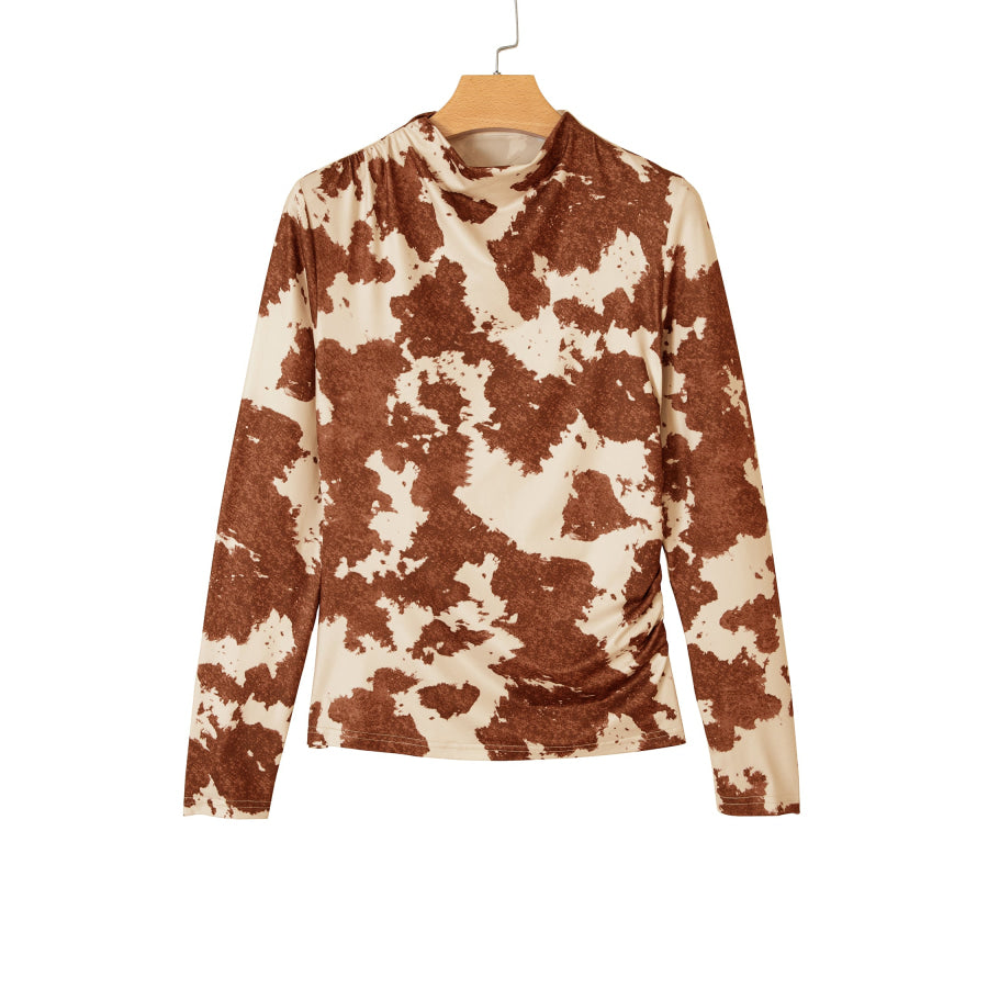 Brown Western Cow Spots Printed High Neck Sheath Long Sleeve Top Tops/Long Sleeve Tops
