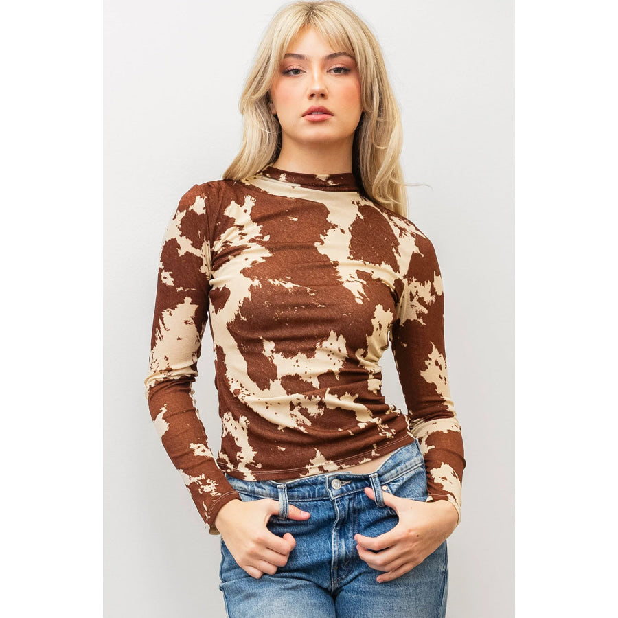 Brown Western Cow Spots Printed High Neck Sheath Long Sleeve Top Tops/Long Sleeve Tops