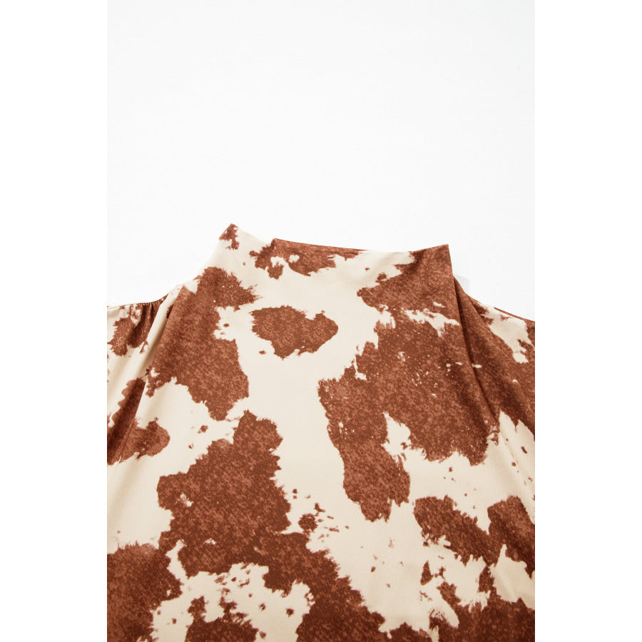 Brown Western Cow Spots Printed High Neck Sheath Long Sleeve Top Tops/Long Sleeve Tops