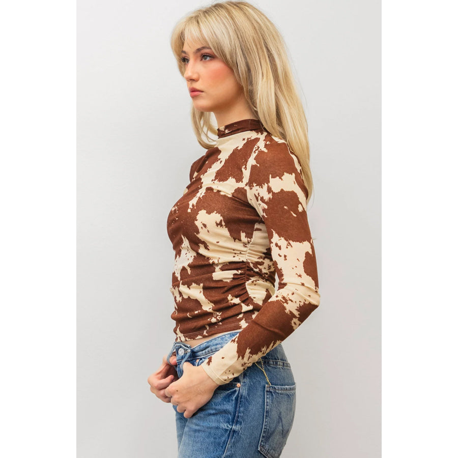 Brown Western Cow Spots Printed High Neck Sheath Long Sleeve Top Tops/Long Sleeve Tops