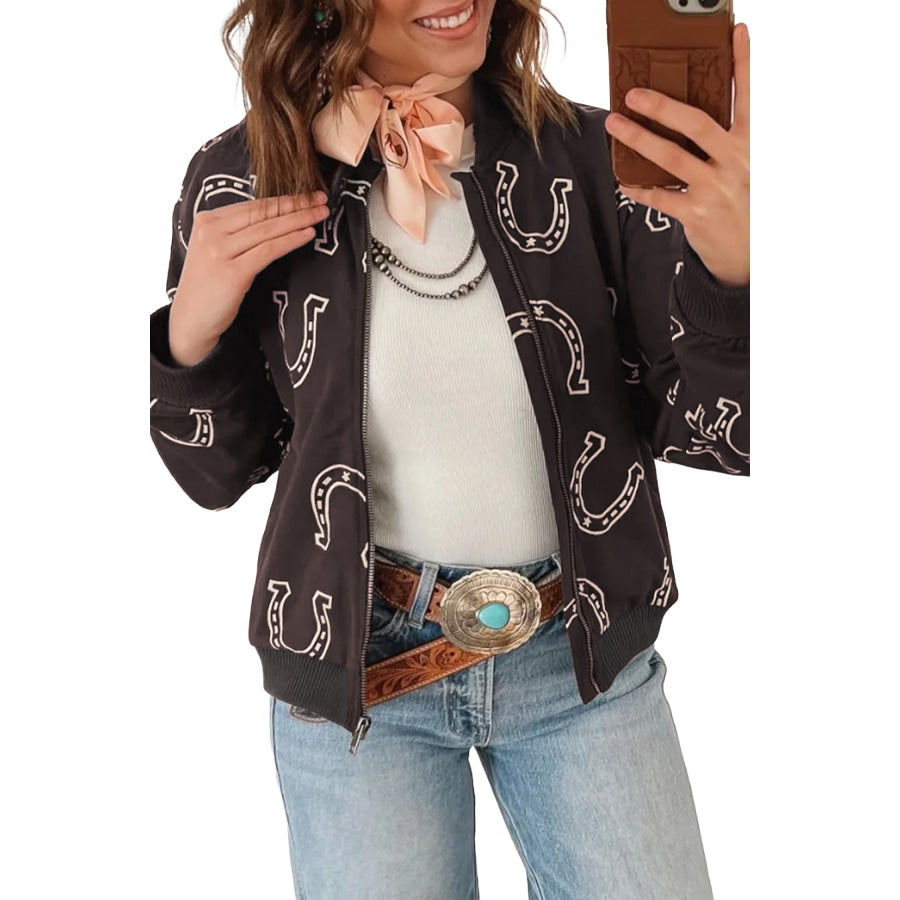 Brown Western Horseshoe Print Zipper Pocket Shift Jacket Outerwear/Jackets