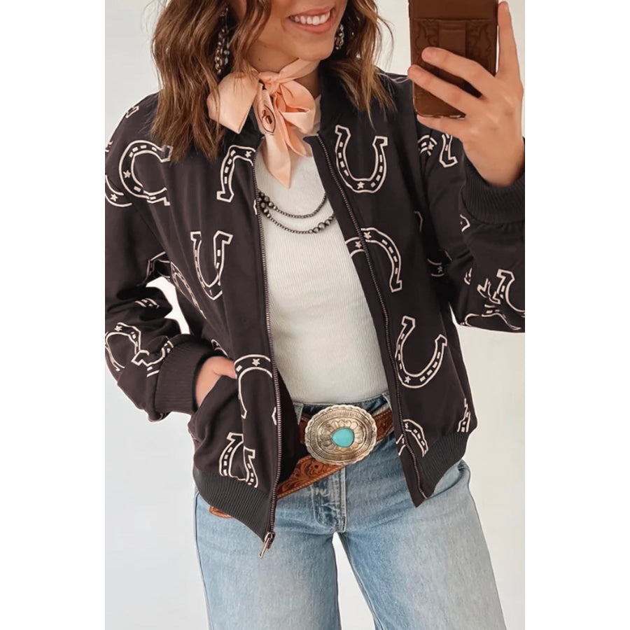 Brown Western Horseshoe Print Zipper Pocket Shift Jacket Outerwear/Jackets