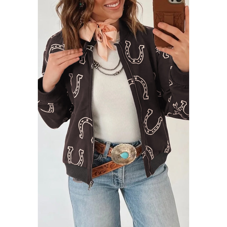 Brown Western Horseshoe Print Zipper Pocket Shift Jacket / S Outerwear/Jackets