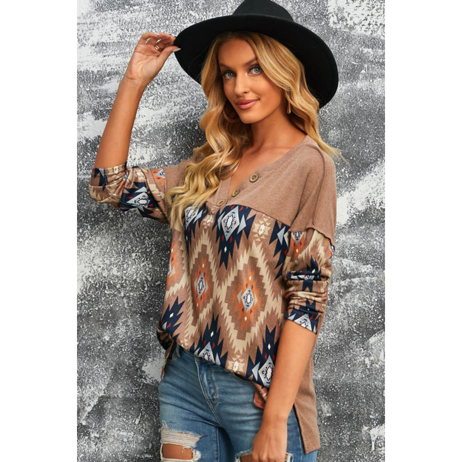 Brown Western Print Buttoned V Neck Top Apparel and Accessories