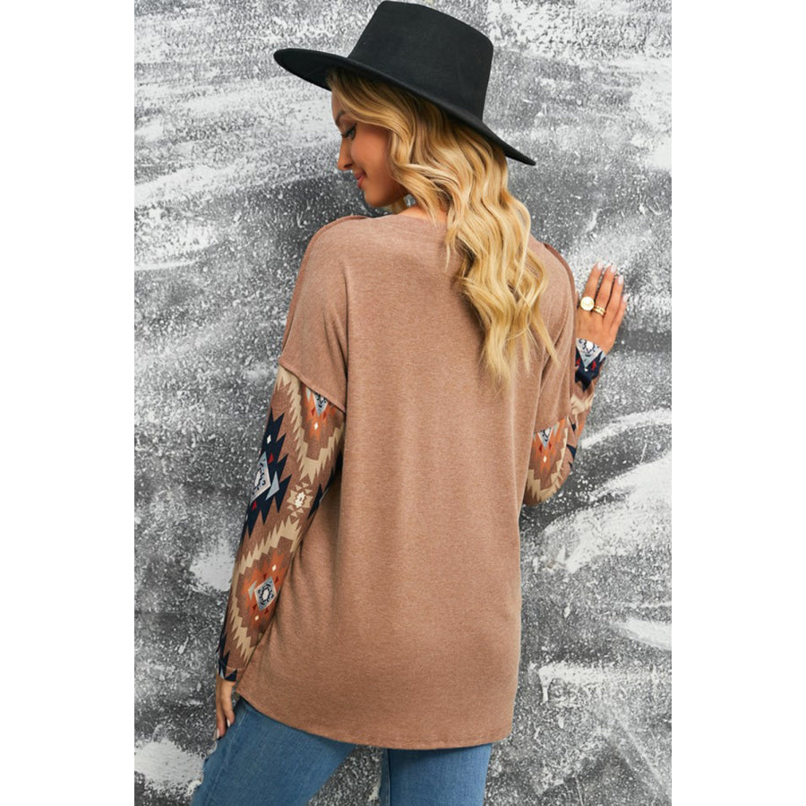 Brown Western Print Buttoned V Neck Top Taupe / S Apparel and Accessories