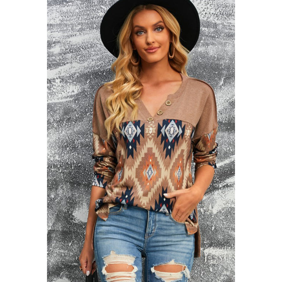 Brown Western Print Buttoned V Neck Top Apparel and Accessories