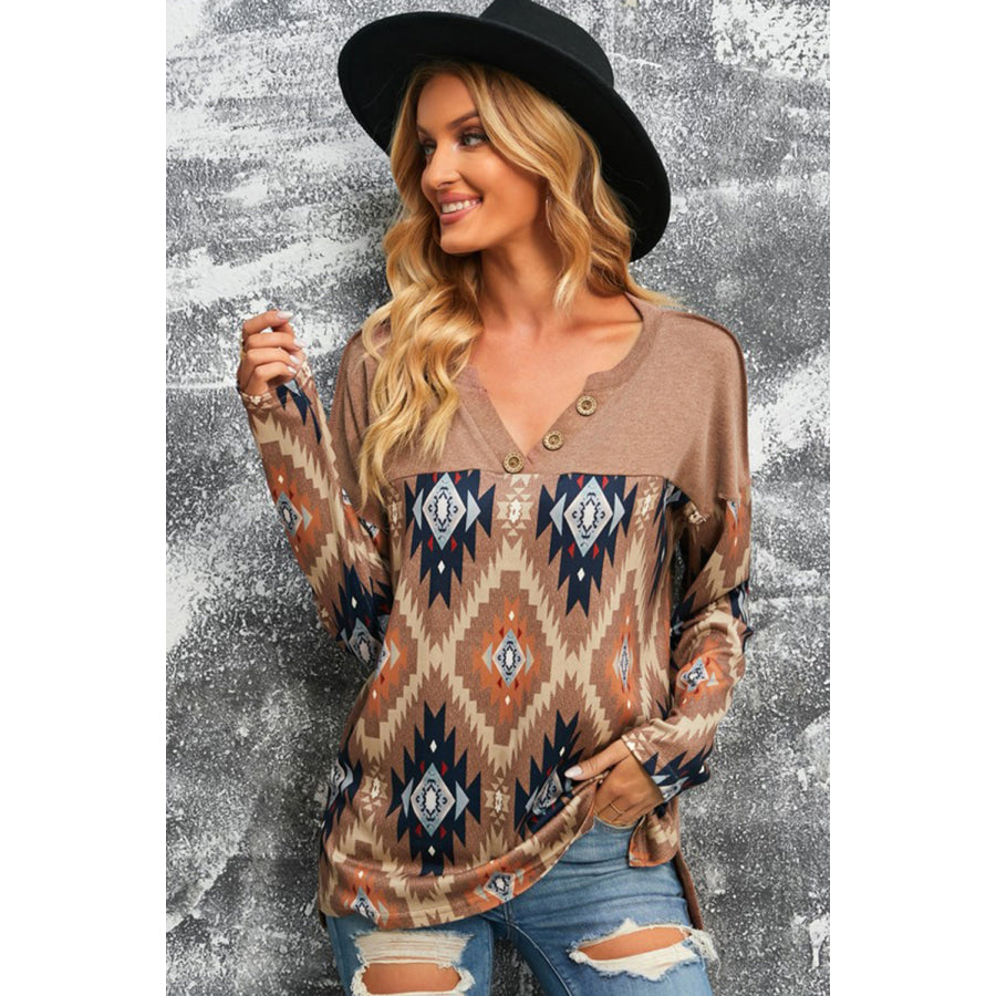 Brown Western Print Buttoned V Neck Top Taupe / S Apparel and Accessories