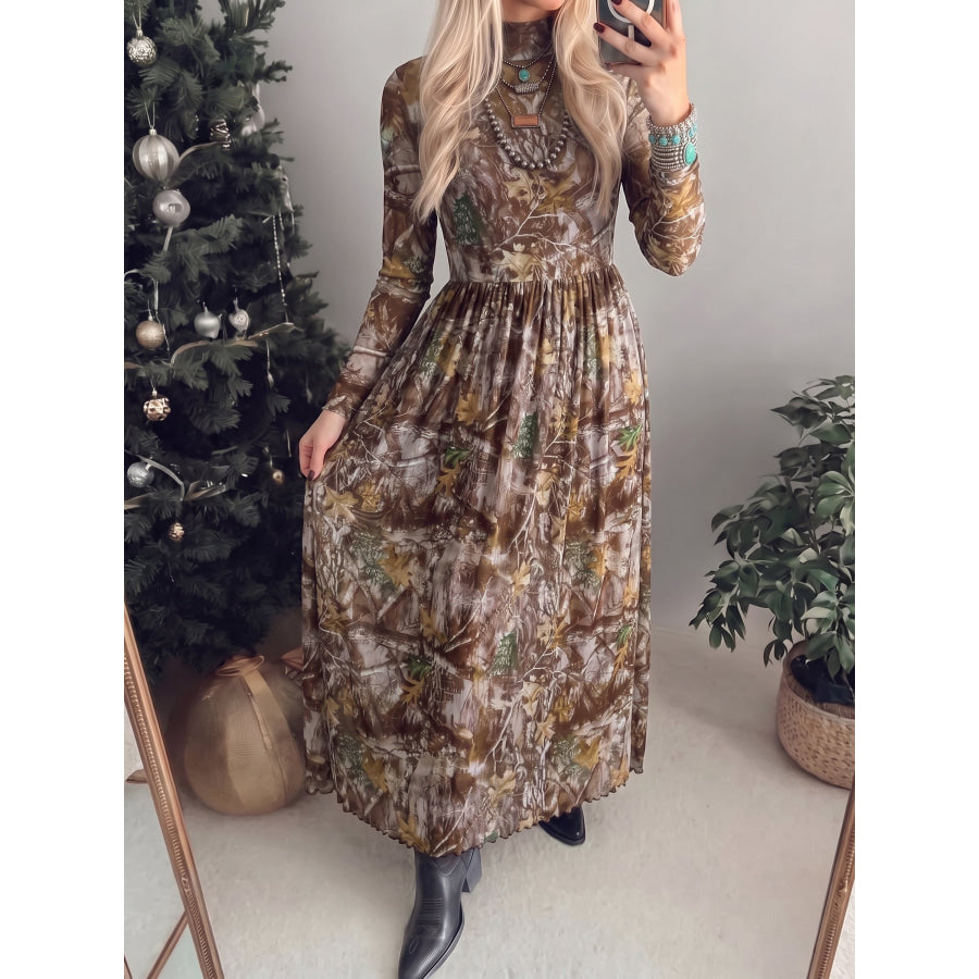 Brown Western Print Mesh Long Sleeve Maxi Dress Dresses/Maxi Dresses