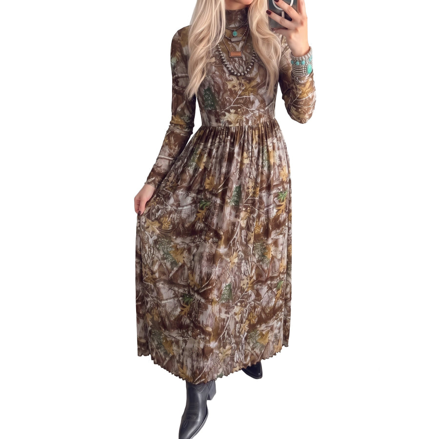 Brown Western Print Mesh Long Sleeve Maxi Dress Dresses/Maxi Dresses