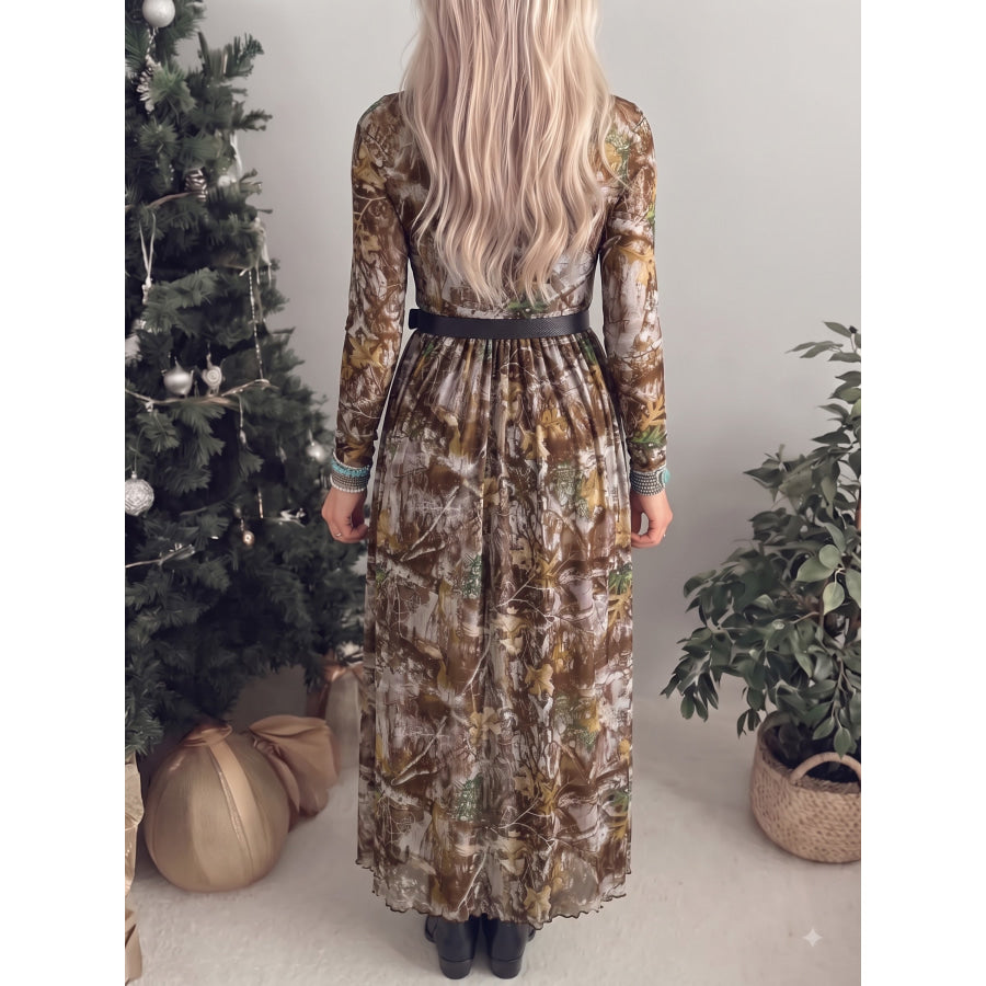Brown Western Print Mesh Long Sleeve Maxi Dress Dresses/Maxi Dresses