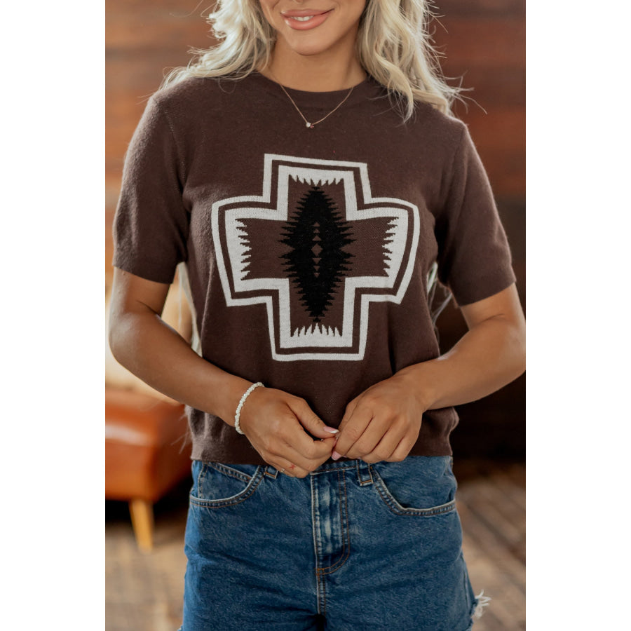 Brown Western Print Short Sleeve Knit Casual Sweater Sweaters & Cardigans/Short Sleeve Sweaters