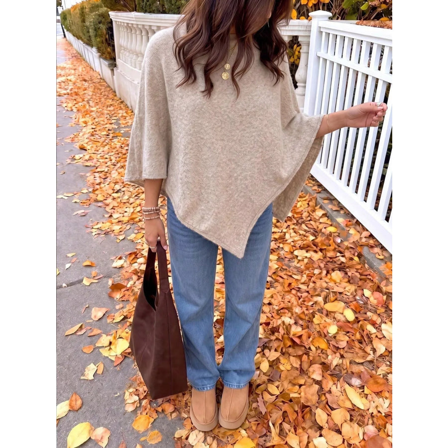 Brushed Loose Shawl Round-Neck Cape Sweater with Bat Sleeves Apparel and Accessories