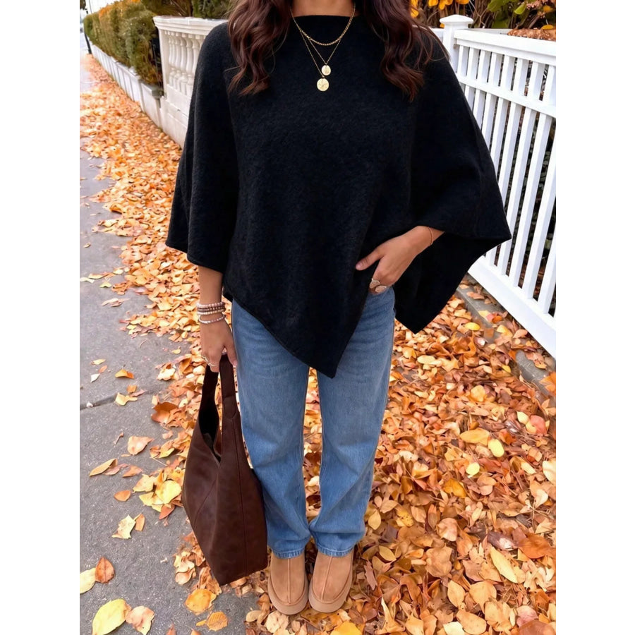 Brushed Loose Shawl Round-Neck Cape Sweater with Bat Sleeves Apparel and Accessories