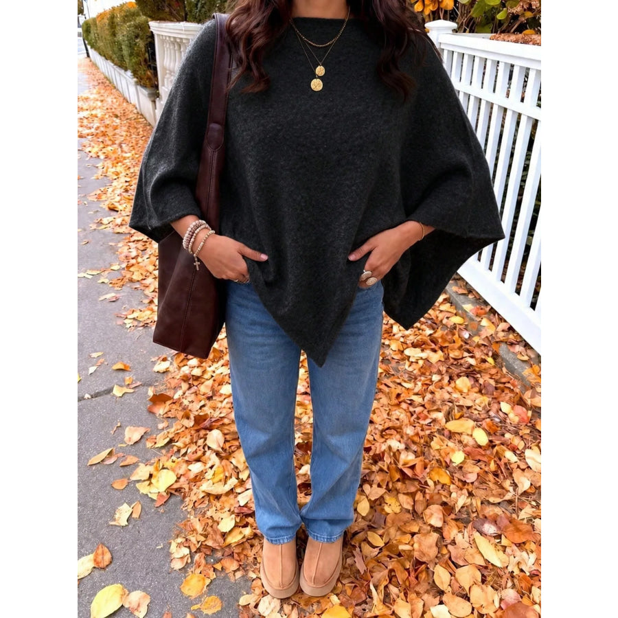 Brushed Loose Shawl Round-Neck Cape Sweater with Bat Sleeves Apparel and Accessories