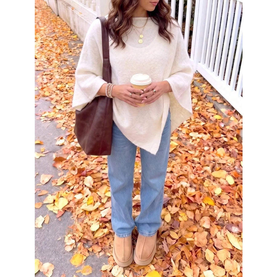 Brushed Loose Shawl Round-Neck Cape Sweater with Bat Sleeves Apparel and Accessories