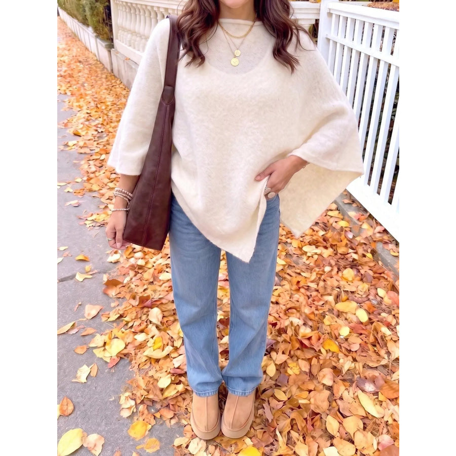 Brushed Loose Shawl Round-Neck Cape Sweater with Bat Sleeves Apparel and Accessories