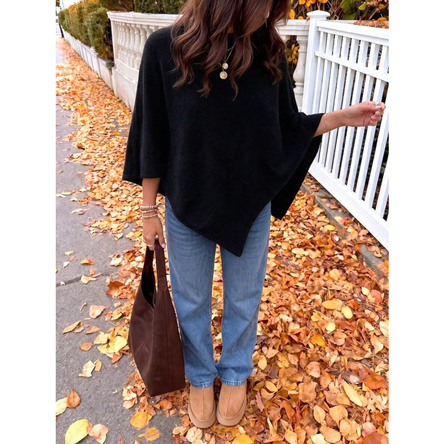 Brushed Loose Shawl Round-Neck Cape Sweater with Bat Sleeves Black / S Apparel and Accessories