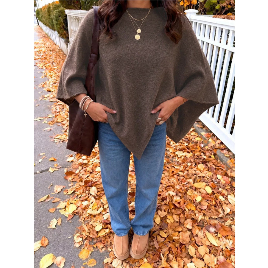 Brushed Loose Shawl Round-Neck Cape Sweater with Bat Sleeves Brown / S Apparel and Accessories