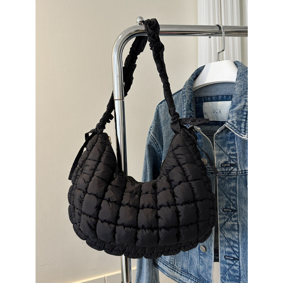 Bubble Texture Ruched Strap Quilted Shoulder Bag Black / One Size Apparel and Accessories