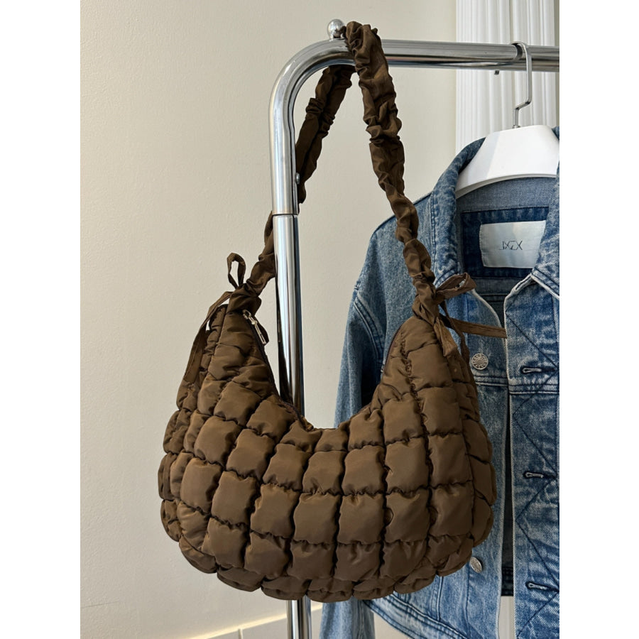 Bubble Texture Ruched Strap Quilted Shoulder Bag Brown / One Size Apparel and Accessories