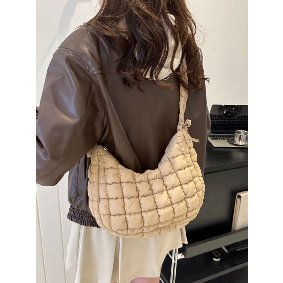 Bubble Texture Ruched Strap Quilted Shoulder Bag Khaki / One Size Apparel and Accessories