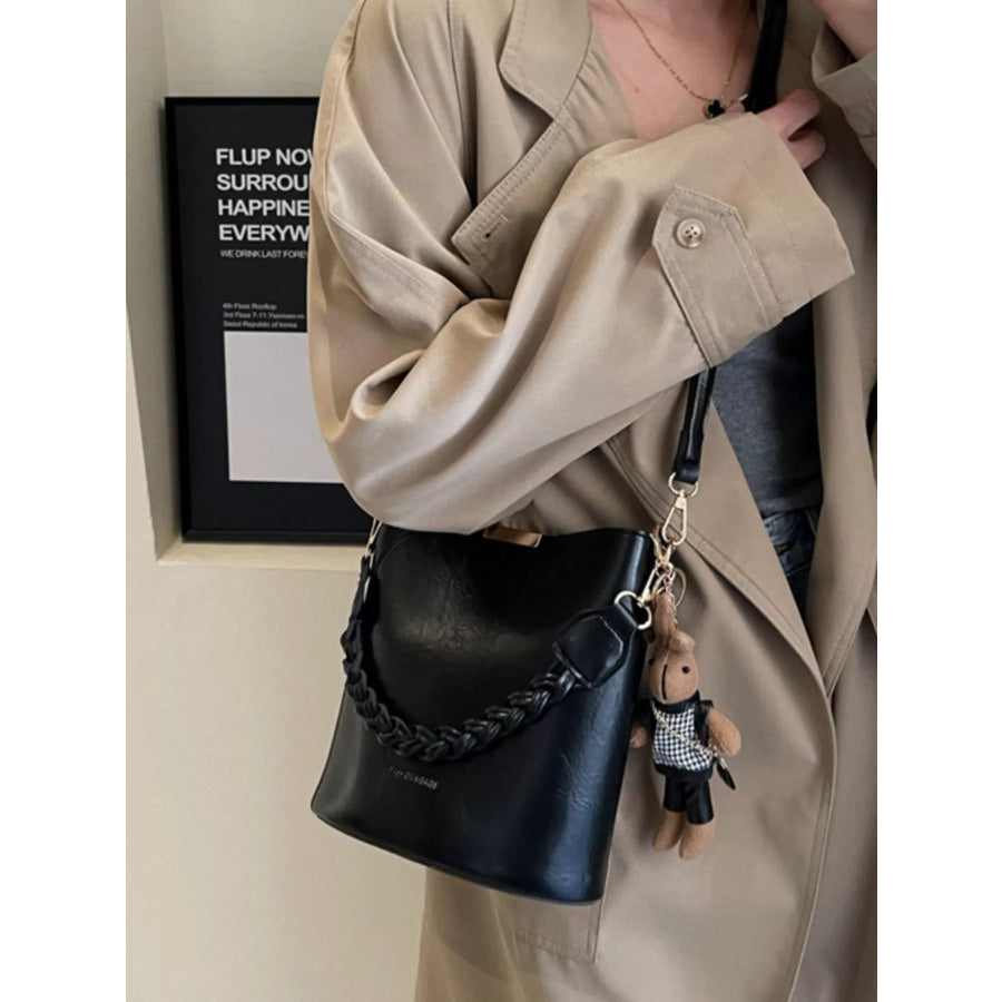 Bucket Style Crossbody Bag with Braided Detail Black / One Size Apparel and Accessories