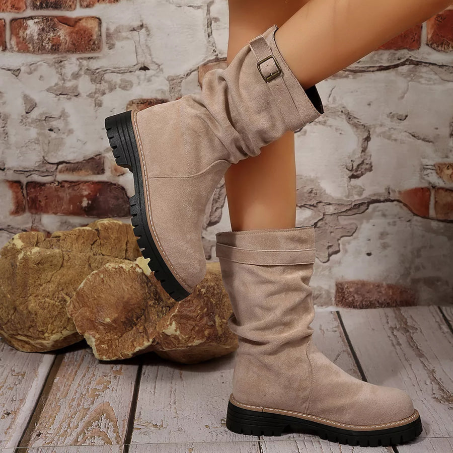 Buckle Accent Slouch Boots Beige / 36 Apparel and Accessories