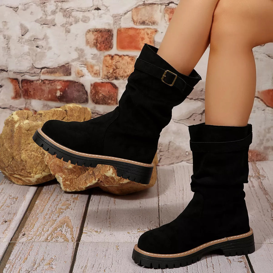 Buckle Accent Slouch Boots Black / 36 Apparel and Accessories