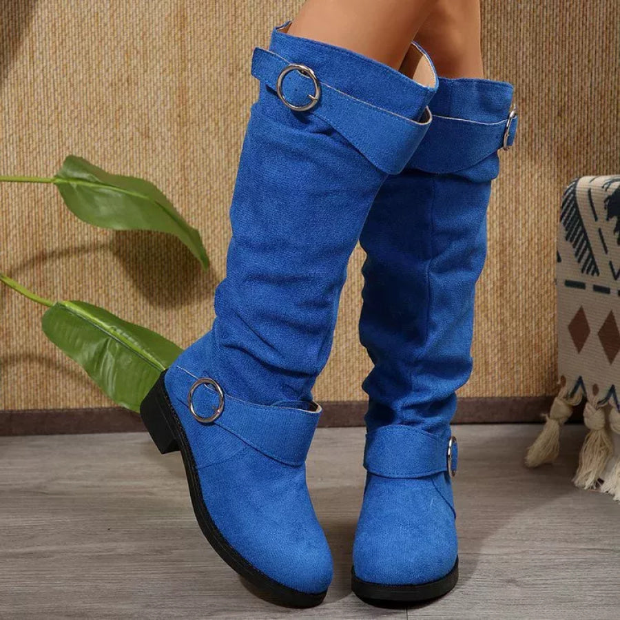 Buckle Accent Slouch Boots Blue / 36 Apparel and Accessories