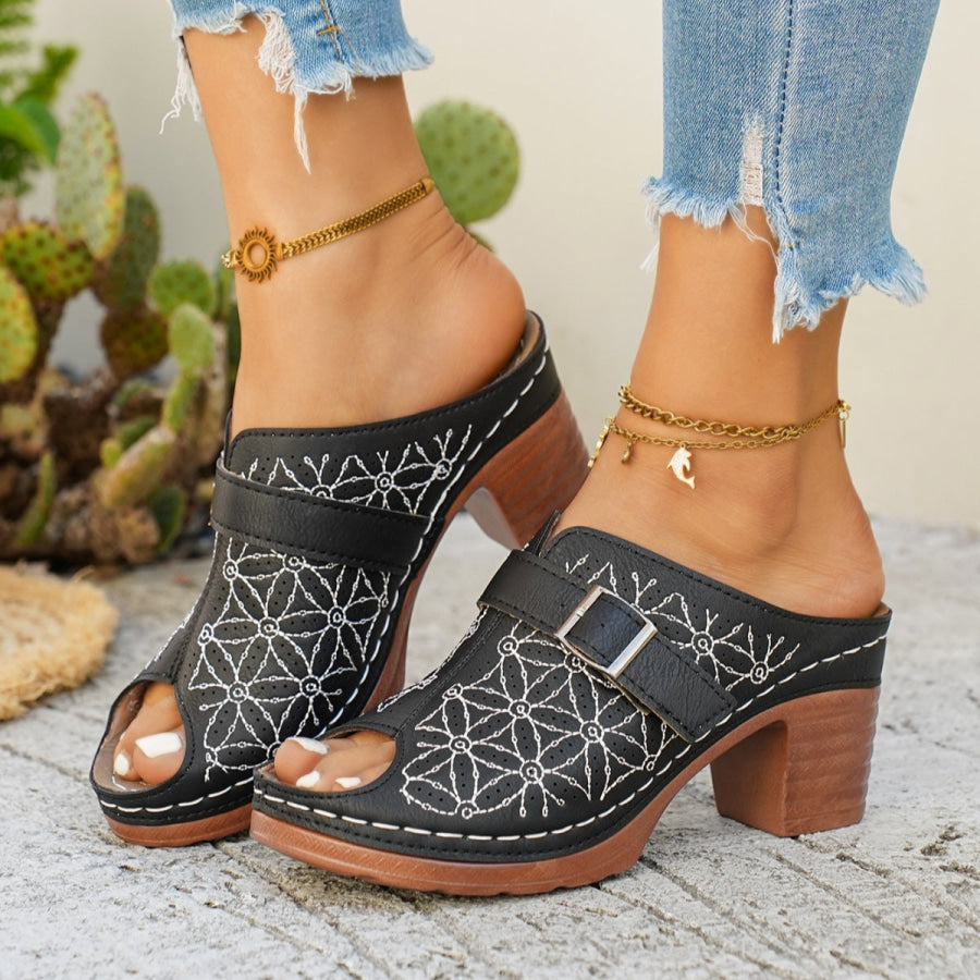 Buckle Decor Block Heel Sandals Black / 36 Apparel and Accessories