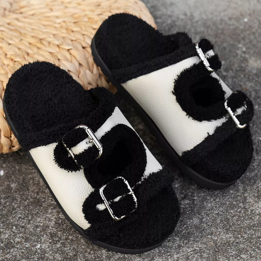 Buckle Decor Plush Lined Platform Slippers Black / 36 Apparel and Accessories