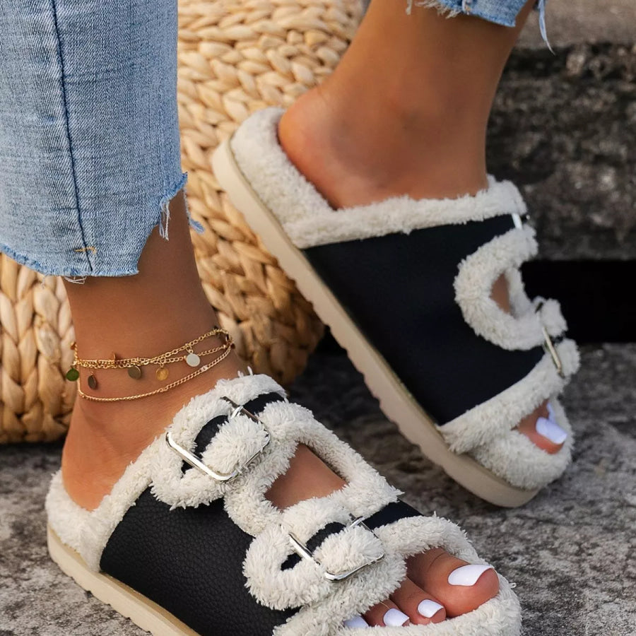 Buckle Decor Plush Lined Platform Slippers Apparel and Accessories