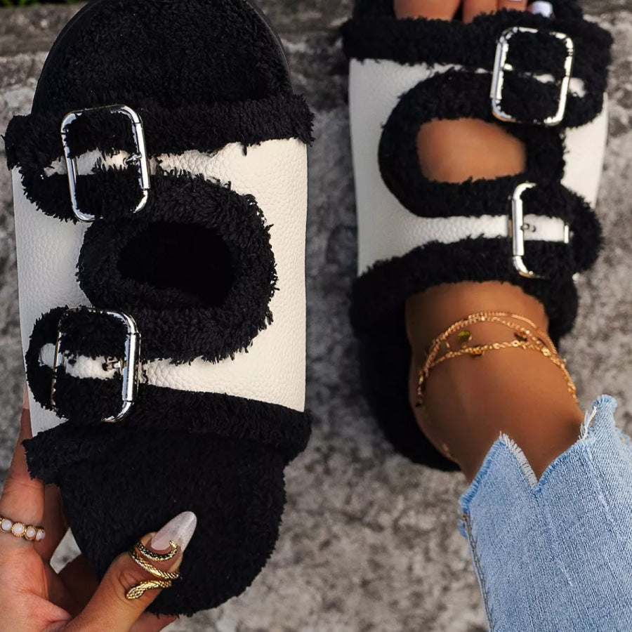 Buckle Decor Plush Lined Platform Slippers Apparel and Accessories