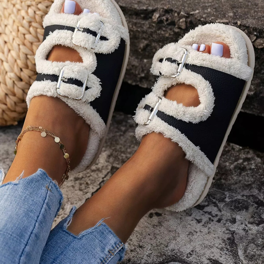 Buckle Decor Plush Lined Platform Slippers Apparel and Accessories