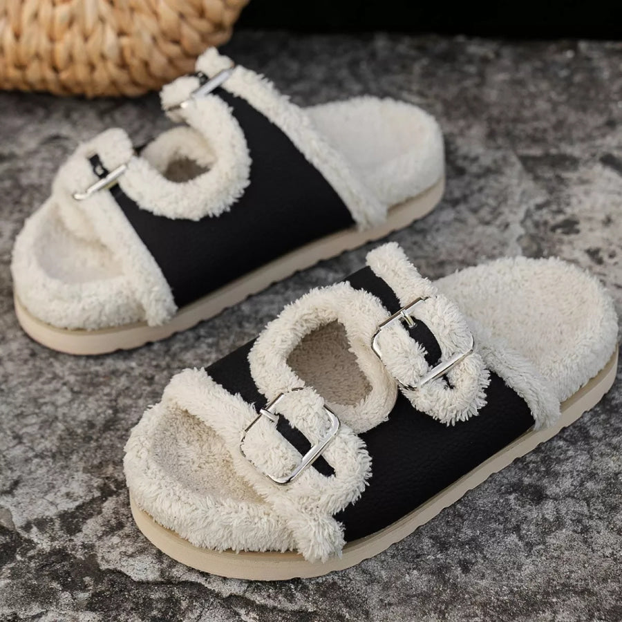 Buckle Decor Plush Lined Platform Slippers Apparel and Accessories
