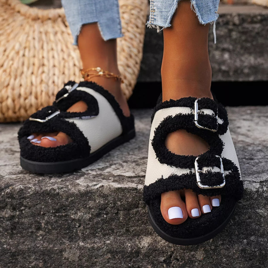 Buckle Decor Plush Lined Platform Slippers Apparel and Accessories