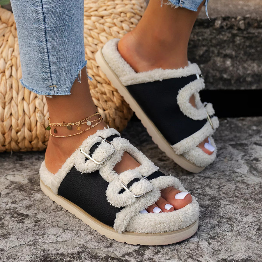 Buckle Decor Plush Lined Platform Slippers Beige / 36 Apparel and Accessories