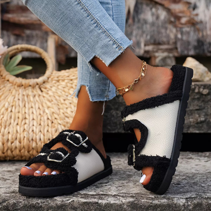 Buckle Decor Plush Lined Platform Slippers Black / 36 Apparel and Accessories