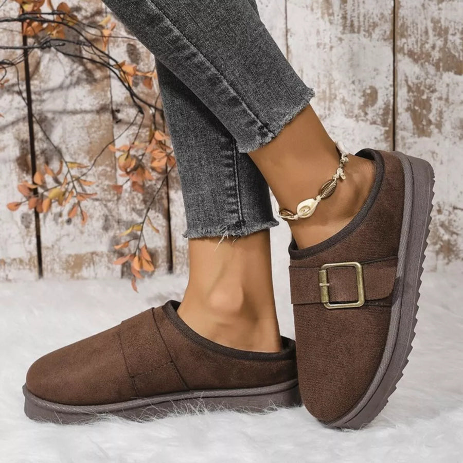 Buckle Decor Plush Lined Warm Slippers Apparel and Accessories